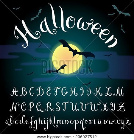 Hand drawn alphabet with Halloween full moon background. Modern calligraphy, vector illustration. Template for posters, banners, web design or photo overlays.