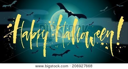 Happy Halloween lettering with full moon background. Modern calligraphy, vector illustration. Template for posters, banners, web design or photo overlays.