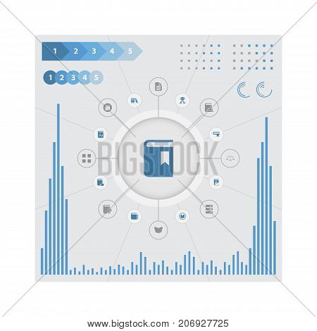 Elements Hanging Tag, Document Archive, Alphabet And Other Synonyms Write, Bookmark And Library.  Vector Illustration Set Of Simple Knowledge Icons.