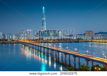 Seoul. Cityscape image of Seoul and Han River during twilight blue hour.