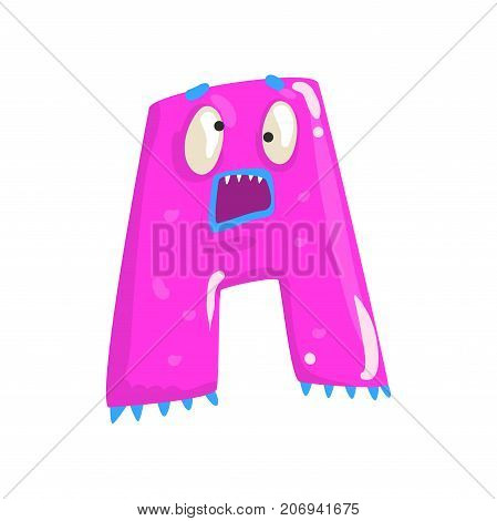 Illustration of character pink scary monster letter A for funny education. Strange animal font. Cartoon monster alphabet for kids. Children s print or poster design Vector isolated on white background