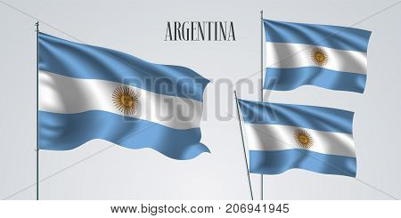 Argentina waving flag set of vector illustration. White blue stripes of Argentine wavy realistic flag as a patriotic symbol