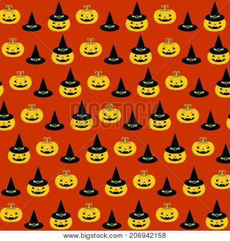 Pattern with pumpkin and hat. Halloween. Vector illustration on a orange background