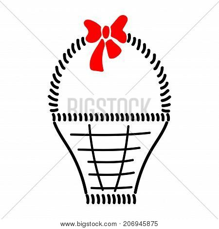 Basket with braid sign. Image of handmade weave. Color icon isolated on white background. Decorative wicker basket with red bow for gift. Logo for invitation or celebration. Stock vector illustration