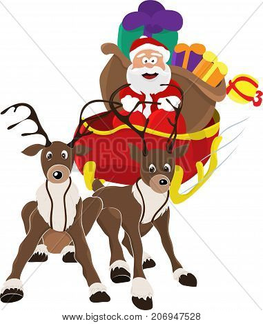 An illustration of Santa Claus riding in his Christmas Sleigh or Sled delivering presents. On a white background. Isolate. Vector