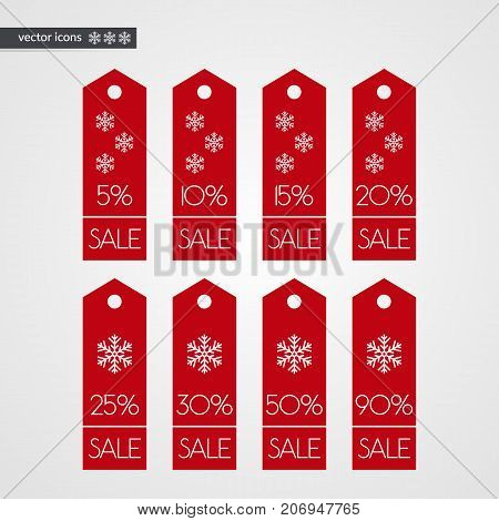 5 10 15 20 25 30 50 90 percent off shopping tag vector icons. Isolated discount winter symbols. Illustration signs set for christmas sale advertisement marketing project business shop store