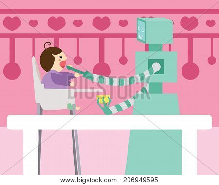 Domestic robot spoon feeding small baby sitting on high chair in kitchen. Personal robot nanny futuristic concept illustration vector.