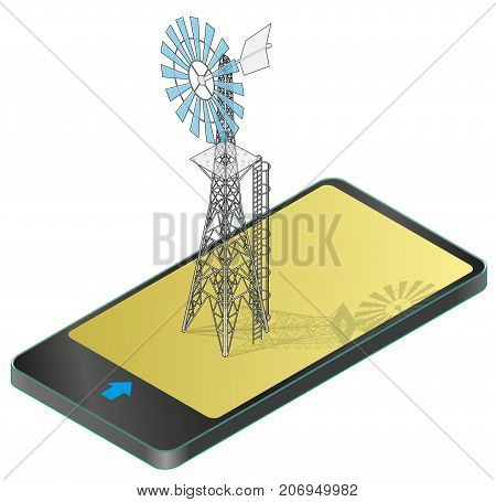 Outlined wind pump for pumping of water on farm in mobile phone. Home wind power plant for power generation in communication technology. Industrial agriculture building.Windmill illustration.