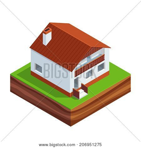Isometric concept of building a house. 3d two-storey house with roof Isolated on white background. House construction phases. Vector illustration.