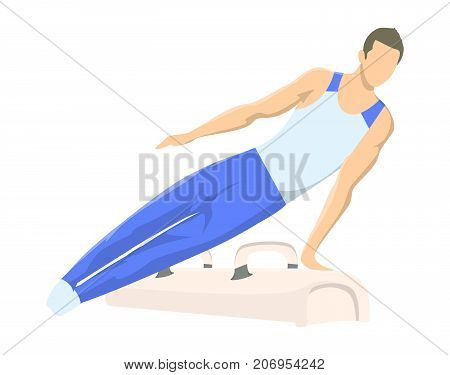 Gymnastics with horse. Athletes in uniform on white background.