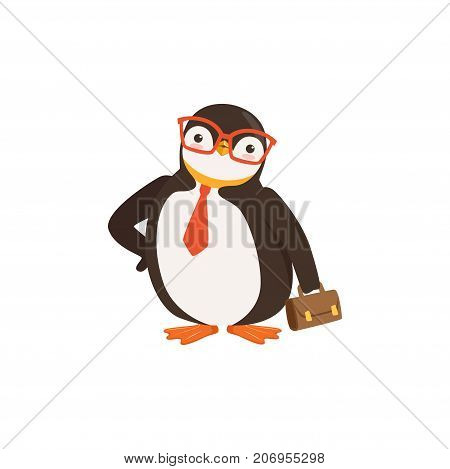 The image shows a penguin with a red tie and glasses, who is holding a briefcase.