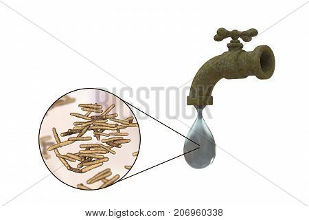 Safety of drinking water concept, 3D illustration showing old tap with dirty water and close-up view of water-borne microbes