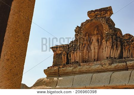 Details of Hazara Rama Temple in Hampi, Karnataka, India. The temple is famous for the lovely bas relics and panels depicting the story of the epic Ramayana.