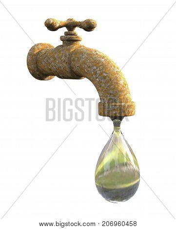 Safety of drinking water concept, 3D illustration showing old tap with water