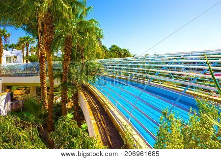 Sharm El Sheikh, Egypt - September 26, 2017: The pool lazy river at Hotel Monter Carlo Sharm Resort and SPA at Sharm El Sheikh, Egypt on September 26, 2017