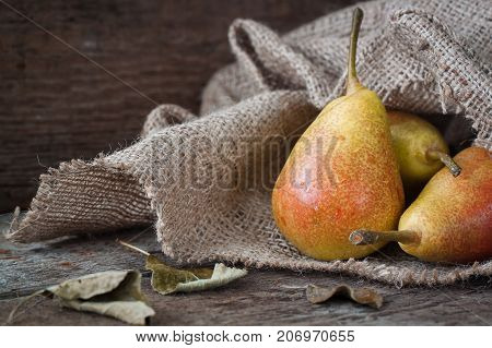 Red and yellow pears. Wooden background with the canvas material.