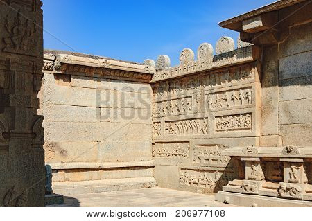 Hazara Rama Temple in Hampi, Karnataka, India. The temple is famous for the lovely bas relics and panels depicting the story of the epic Ramayana.