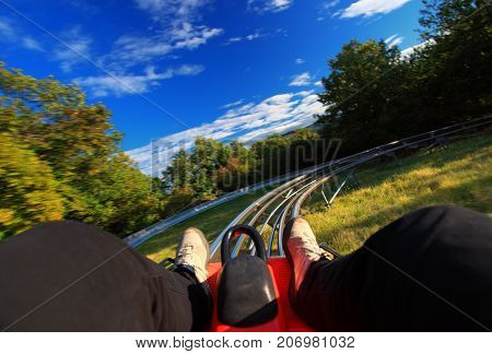 Very fast summer toboggan-run from inside in nature