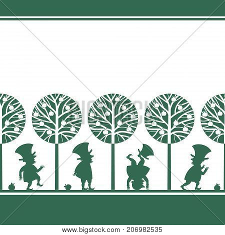 Endless border with funny gnome, leprechaun, dwarf silhouettes in summer garden, cartoon vector illustration on white background. Endless border with funny gnomes, leprechauns, paper cup design