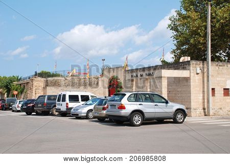 MAJORCA, SPAIN - SEPTEMBER 8, 2017: The exterior of the Plaza de Toros bullring in Alcudia on the Spanish island of Majorca. In 2017 the Balearic islands passed major restrictions on bull fighting.