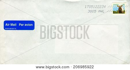 GOMEL, BELARUS - AUGUST 12, 2017: Old envelope which was dispatched from Canada to Gomel, Belarus, August 12, 2017. 