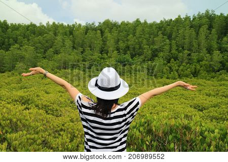 Female Raised Her Hands Up Enjoying the Incredible View of Golden Mangrove Field