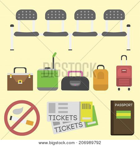 Travel tourism fashion baggage and vacation handle leather big packing briefcase. Voyage destination bag on wheels. Journey suitcase departure vector.