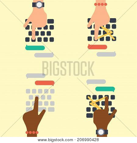 Users hands on keyboard and mouse of computer technology internet work typing tool vector illustration. Computer console editing pad with people hand.