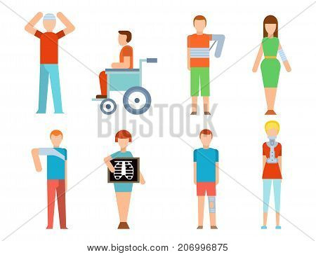 Trauma accident fracture human body safety vector disabled people silhouette cartoon flat style illustration isolated. Bandage healthcare diagnosis emergency human patient character.