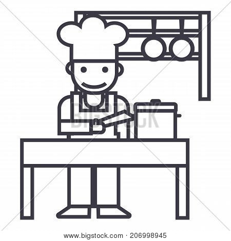 cooker, shef, kitchen, restaurant vector line icon, sign, illustration on white background editable strokes