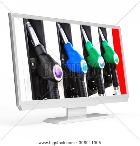 PC monitor or TV with fuel dispensers on the screeen, isolated on white background. 3D rendering