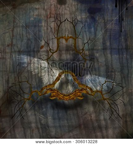 Spiritual composition. Angels wings and roots. 3D rendering