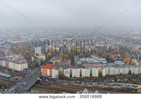 Berlin, Germany - November 08, 2018: Areal View Of Berlin From Funkturm Fog In The Autumn