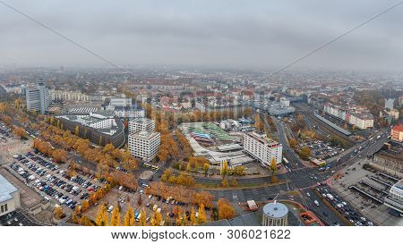 Areal View Of Berlin From Funkturm Fog In The Autumn. Germany