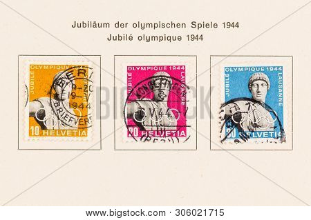 Seattle, Washington - June11, 2019: Close Up Of Swiss Stamps From The Olympic Committee Series Issue