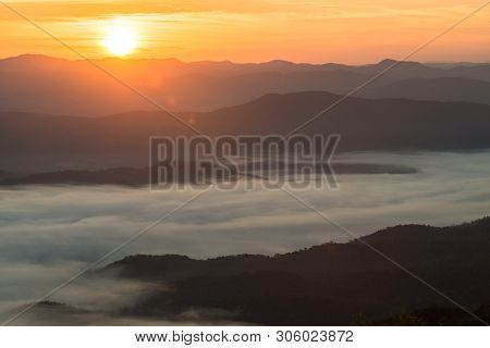 The Beautiful Sunrise Over The Mountains Range In Doi Samer Dao National Park Of Nan Province Of Tha