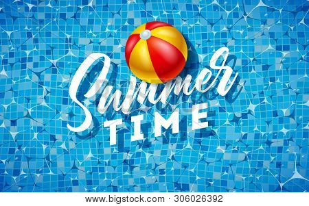 Summer Time Illustration With Beach Ball On Water In The Tiled Pool Background. Vector Summer Holida