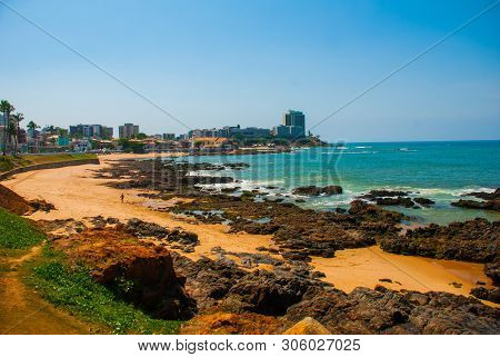 Salvador, Brazil: Landscape With Views Of The Beach, Rocks And Skyscrapers