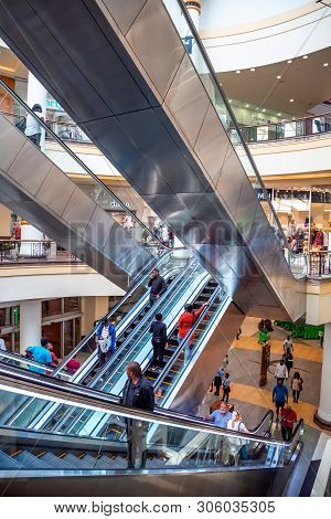 Durban, South Africa, 15th May - 2019: Interior Of Shopping Mall With View Of Escalators