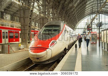 Frankfurt, Germany - August 2, 2018: Modern Fast Train At Frankfurt Main Train Station. Passengers W