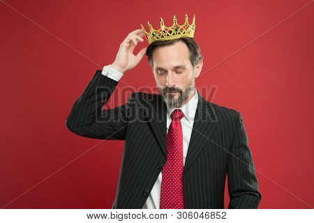 Living Life Like Big Boss. Big Boss Wearing Jewelry Crown On Red Background. Powerful Big Boss With 