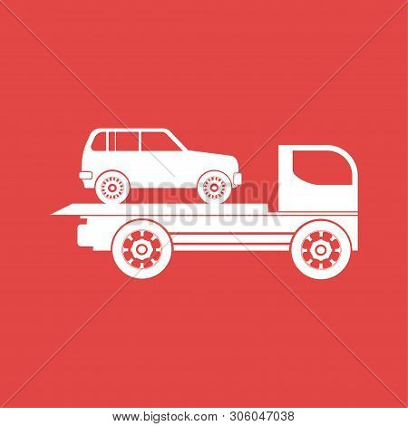 White Truck, Evacuator Icon With A Car On Red. Illustration Isolated Vector Sign Symbol