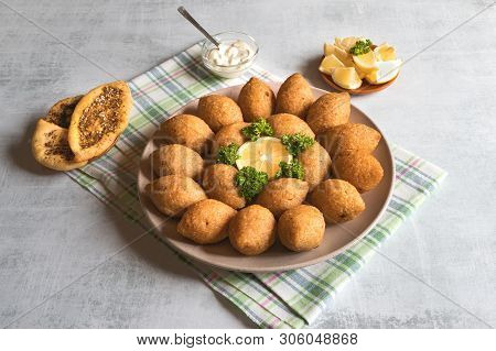 Traditional Arabic Kibbeh With Lamb And Pine Nuts. Top View.