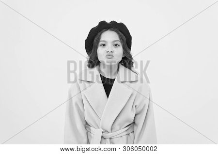 Duck Face Concept. Fashionable Kid Funny Grimace Face. Little Fashionista Posing. Kid Funny Face Sta