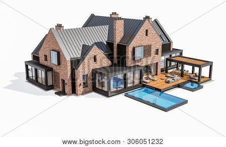 3D Rendering Of Modern Clinker House On The Ponds With Pool Isolated On White