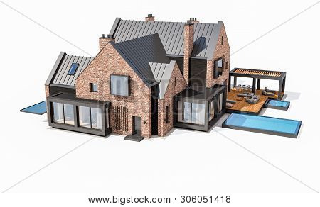 3D Rendering Of Modern Clinker House On The Ponds With Pool Isolated On White