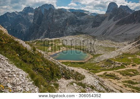 View Of Laghi Dei Piani Near Tre Cime Di Lavaredo In South Tyrol, Alto Adige, Italy