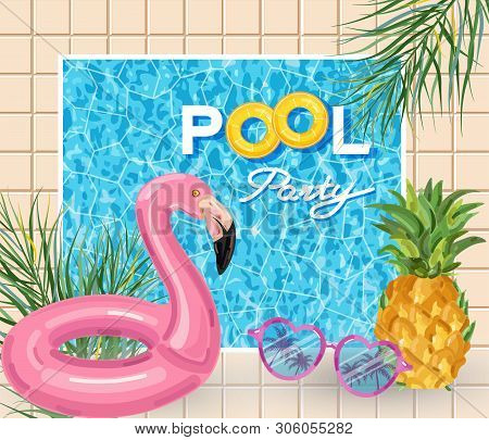 Summer Pool Party Poster With Flamingo Lifering Vector. Summer Banner Blue Water Backgrounds