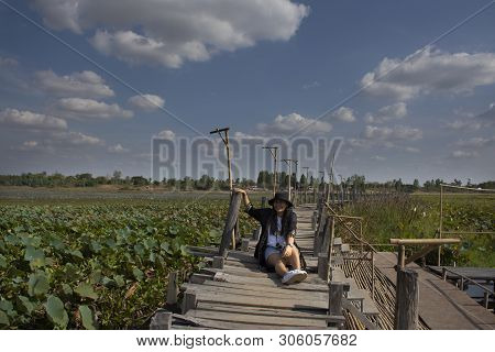 Travelers Thai Women People Travel Visit And Posing Portrait For Take Photo On Kae Dam Long Wood Bri