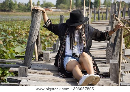 Travelers Thai Women People Travel Visit And Posing Portrait For Take Photo On Kae Dam Long Wood Bri